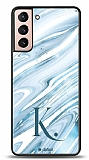 Dafoni Glossy Samsung Galaxy S21 Kiiye zel Harf Simli Mavi Mermer Klf