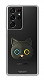Samsung Galaxy S21 Ultra Kedi Figrl Telefon Tutuculu Siyah Silikon Klf