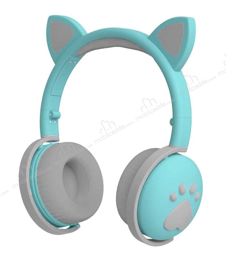 EK1 Kedi Kulak Led Işıklı Kablosuz Mavi Kulaklık Ücretsiz Kargo