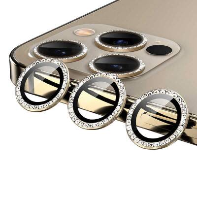 iPhone 13 Pro Max Crystal Taşlı Gold Kamera Lensi Koruyucu - 1