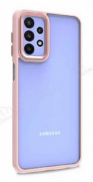 Lux Metal Serisi Samsung Galaxy A23 Mat Pembe Kenarlı Şeffaf Silikon Kılıf - 1