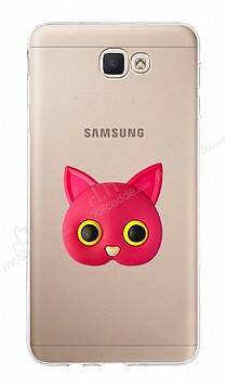 Samsung Galaxy J7 Prime 2 Kedi Figürlü Telefon Tutuculu Koyu Pembe Silikon Kılıf - 1