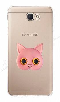 Samsung Galaxy J7 Prime 2 Kedi Figürlü Telefon Tutuculu Pembe Silikon Kılıf - 1