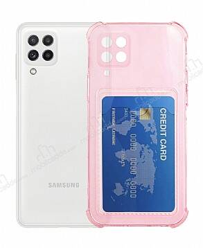 Samsung Galaxy M32 Kartlıklı Kamera Korumalı Şeffaf Pembe Rubber Kılıf - 1