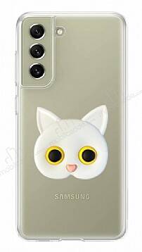 Samsung Galaxy S21 FE 5G Kedi Figürlü Telefon Tutuculu Beyaz Silikon Kılıf - 1