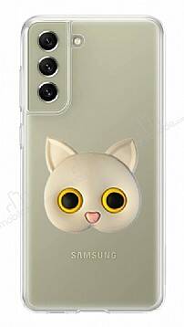 Samsung Galaxy S21 FE 5G Kedi Figürlü Telefon Tutuculu Gri Silikon Kılıf - 1