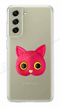 Samsung Galaxy S21 FE 5G Kedi Figürlü Telefon Tutuculu Koyu Pembe Silikon Kılıf - 1