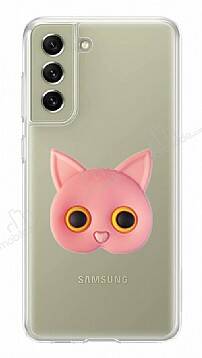 Samsung Galaxy S21 FE 5G Kedi Figürlü Telefon Tutuculu Pembe Silikon Kılıf - 1