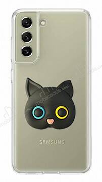 Samsung Galaxy S21 FE 5G Kedi Figürlü Telefon Tutuculu Siyah Silikon Kılıf - 1