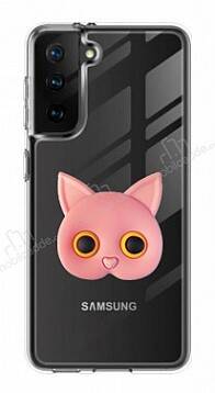 Samsung Galaxy S21 Kedi Figürlü Telefon Tutuculu Pembe Silikon Kılıf - 1