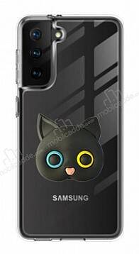 Samsung Galaxy S21 Kedi Figürlü Telefon Tutuculu Siyah Silikon Kılıf - 1