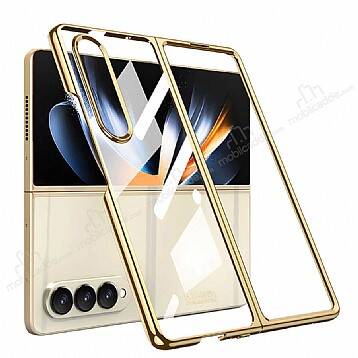 Samsung Galaxy Z Fold4 Metalik Kenarlı Gold Cam Kılıf - 1