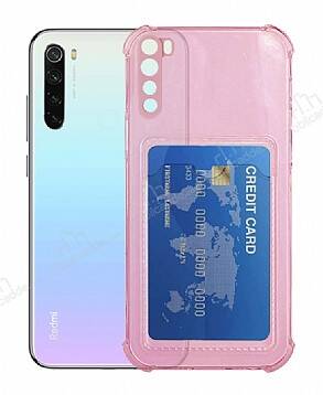 Xiaomi Redmi Note 8 Kartlıklı Kamera Korumalı Şeffaf Pembe Rubber Kılıf - 1