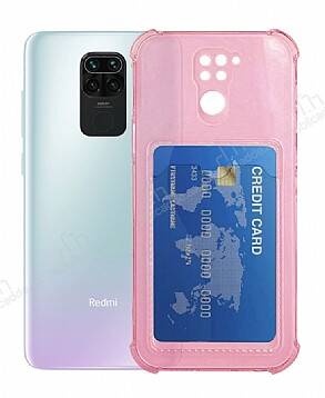 Xiaomi Redmi Note 9 Kartlıklı Kamera Korumalı Şeffaf Pembe Rubber Kılıf - 1